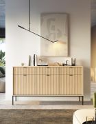 Chest of Drawers | 3 Doors | Color: Vicenza Oak | Grooved Front | 3 Drawers | Handles & Legs: Black | 6 Compartments | Dimensions: 154 x 39 x 83 cm | Sideboard