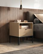 Nightstand | Fluted front | Color: Vicenza Oak | 1 drawer | 1 storage compartment | Dimensions: 54 x 39 x 56 cm | Handles & legs: Black | ABS edges