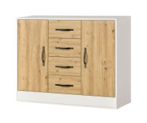 Chest of Drawers in Oak / White / Black | 120 x 40 x 95 cm | 2 Doors | 4 Drawers | 4 Shelves | 6 Compartments | Metal Handles | Nalut 03