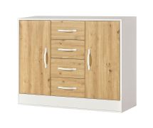 Chest of Drawers in Oak / White | 120 x 40 x 95 cm | 2 doors | 4 drawers | 4 shelves | 6 compartments | white metal handles | Nalut 03
