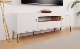 Modern TV cabinet / TV furniture with one open compartment Barbe 24, with two doors, three compartments, color: cashmere, dimensions: 51.5 x 177 x 40 cm, ABS edge protection, one drawer, handles: gold, very durable