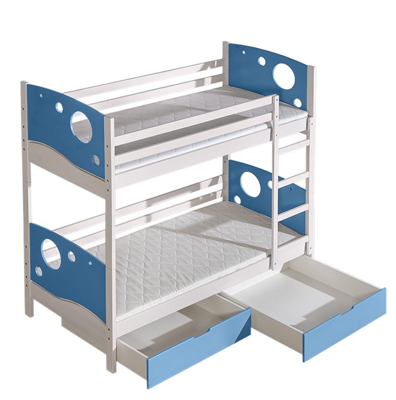 Children bed / Bunk bed Milo 27 incl. 2 drawers, Colour: White / Blue, partial solid wood, Lying surface: 80 x 190 cm (W x L), divisible