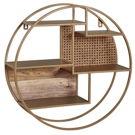 Round wall shelf made of solid mango wood and rattan, color: mango - Dimensions: 62 x 62 x 17 cm (H x W x D)