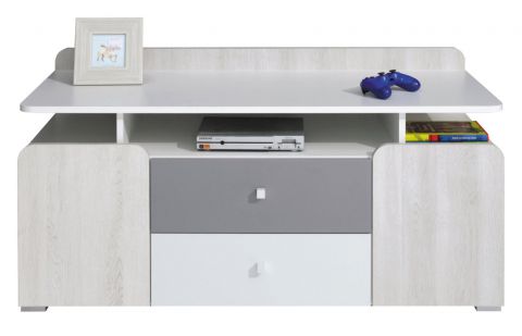 Children's room - TV base cabinet Floreffe 08, Colour: White / White Oak / Grey - Measurements: 58 x 120 x 50 cm (H x W x D)