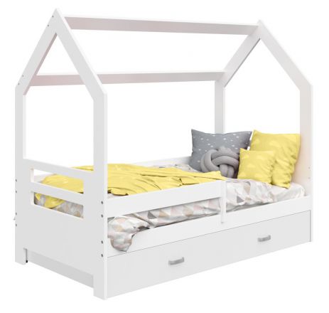 Children's bed / house bed, solid pine wood, White lacquered D3B, incl. slatted frame - Lying surface: 80 x 160 cm (w x l)