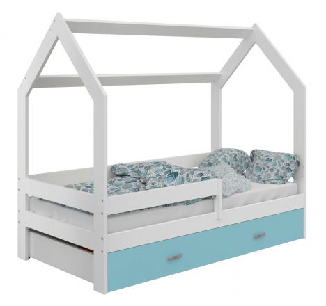 Children's bed / House bed, solid pine wood, White lacquered D3, drawer: blue, incl. slatted frame - Lying surface: 80 x 160 cm (w x l)