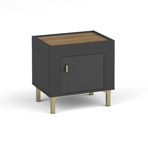 Bedside chest of drawers in modern Barbe 32 design, with one door, ABS edge protection, color: black matt, handles: gold, dimensions: 46.5 x 48 x 36 cm, made of sturdy material