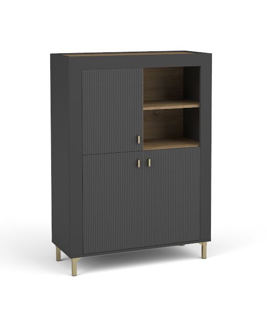 Modern chest of drawers with ABS edge protection Barbe 14, handles: gold, color: black matt, with eight compartments, dimensions: 136 x 97 x 40 cm, two open compartments, high-quality workmanship