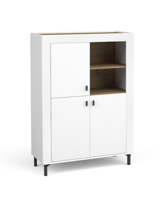 High chest of drawers with eight compartments Barbe 13, ABS edge protection, color: white matt / oak, two open compartments, dimensions: 136 x 97 x 40 cm, handles: black, with three doors