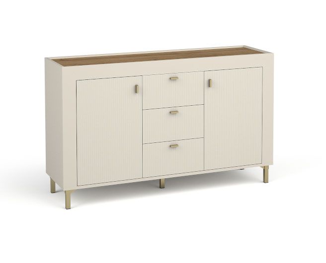 Chest of drawers / sideboard made of high-quality material Barbe 18, three drawers, four compartments, color: cashmere, ABS edge protection, handles: gold, two doors, dimensions: 83.5 x 137 x 40 cm, modern design