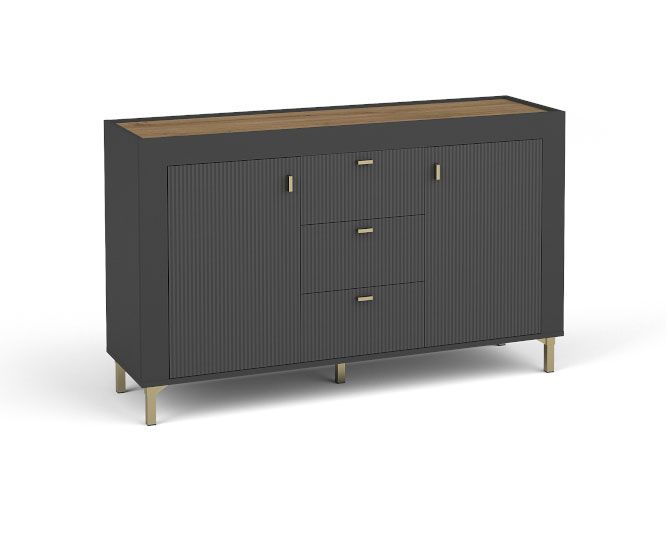 Sturdy sideboard / chest of drawers with four compartments Barbe 17, three drawers, color: black matt, ABS edge protection, handles: gold, two doors, dimensions: 83.5 x 137 x 40 cm, easy to combine with other furniture