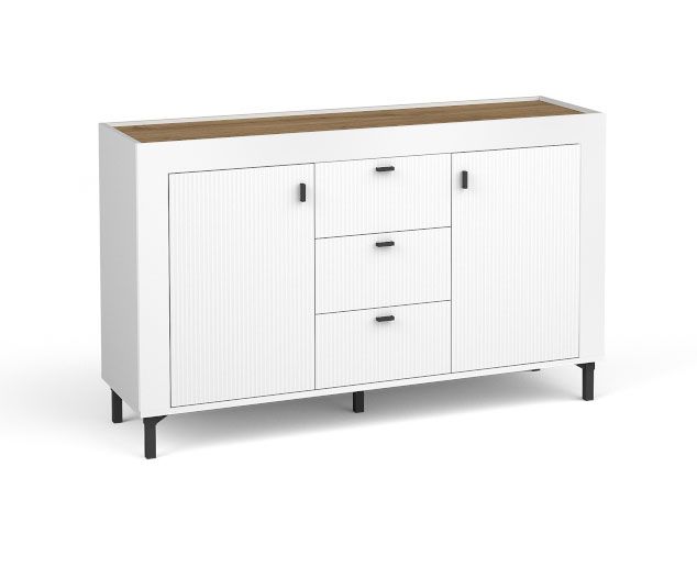 Sideboard / chest of drawers with three drawers Barbe 16, four compartments, color: white matt / oak, two doors, dimensions: 83.5 x 137 x 40 cm, ABS edge protection, handles: black
