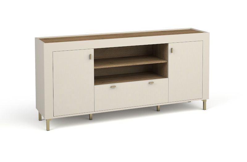 Sideboard with stylish design Barbe 21, ABS edge protection, handles: gold, color: cashmere, two doors, dimensions: 83.5 x 177 x 40 cm, one drawer, six compartments, very stable and durable