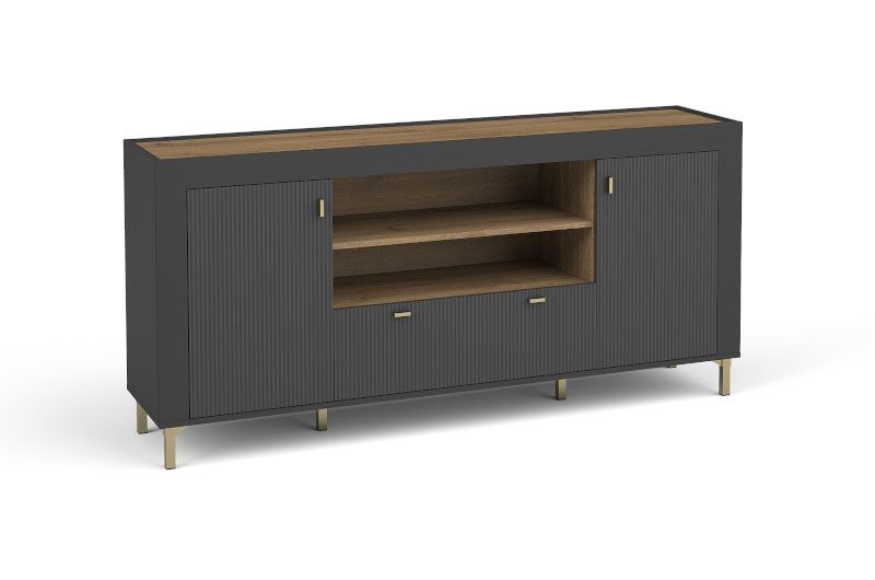 Stylish sideboard / chest of drawers with enough compartments Barbe 20, ABS edge protection, handles: gold, one drawer, six compartments, color: black matt, two doors, dimensions: 83.5 x 177 x 40 cm, modern design