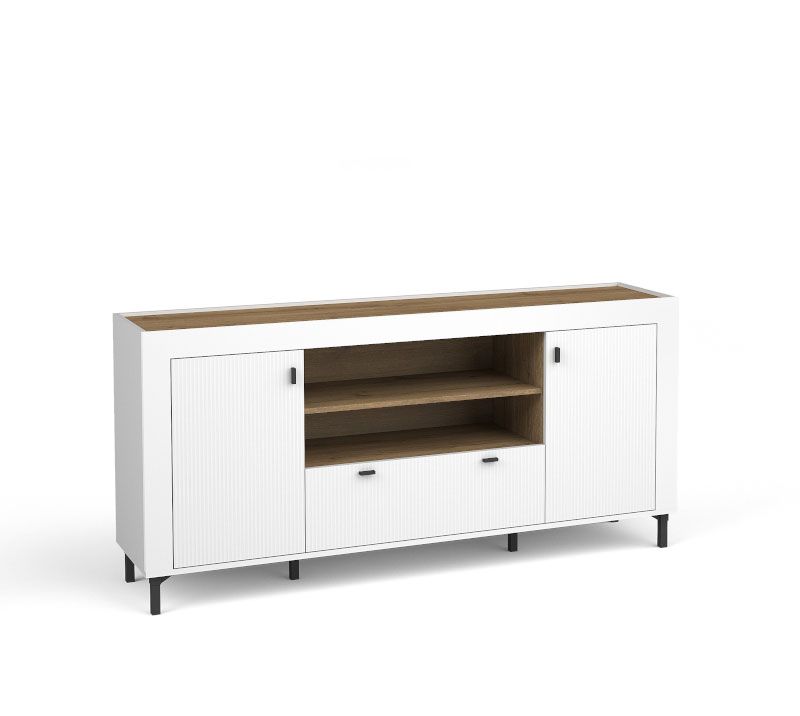 Sideboard / chest of drawers with modern design Barbe 19, one drawer, six compartments, ABS edge protection, handles: black, color: white matt / oak, two doors, dimensions: 83.5 x 177 x 40 cm, high-quality workmanship