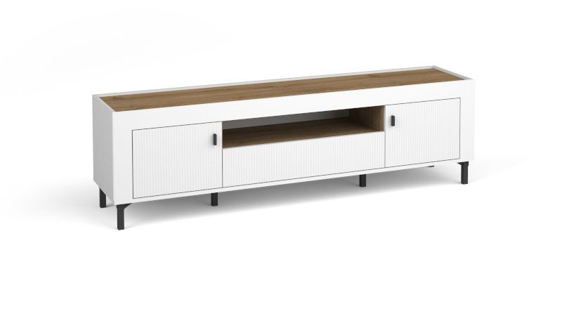 TV cabinet / TV base unit with three compartments Barbe 22, ABS edge protection, one drawer, color: white matt / oak, dimensions: 51.5 x 177 x 40 cm, modern design, one open compartment, handles: black