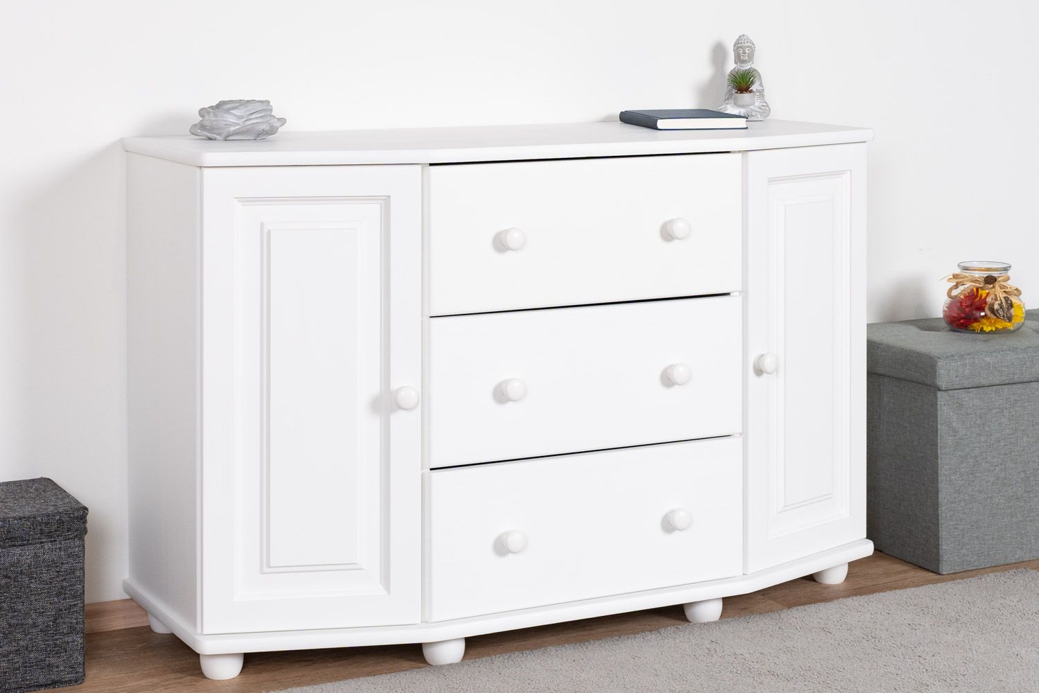 Classic chest of drawers in white Junco 170, solid pine, 78 x 120 x 47 cm, with 3 drawers and 4 compartments, high-quality workmanship, robust