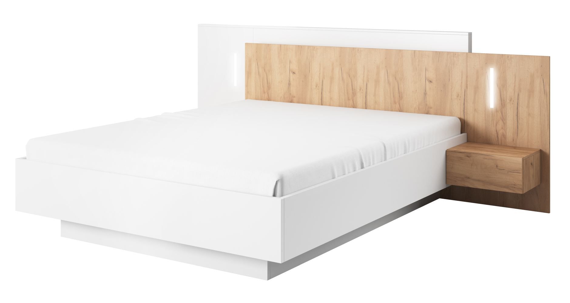Double bed with bedside cabinets Gremda 06, color: oak / white - lying surface: 160 x 200 cm (W x L) Set incl. fold-up bed frame