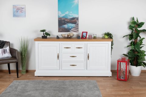 Chest of drawers / sideboard "Solin" oak white / nature 06, part solid - Measurements: 87 x 180 x 45 cm (H x W x D)