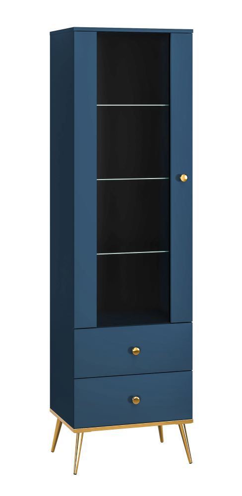 Display case Kumpula 01, Colour: dark blue - measurements: 190 x 55 x 40 cm (h x w x d), with 1 door, 2 drawers and 4 shelves