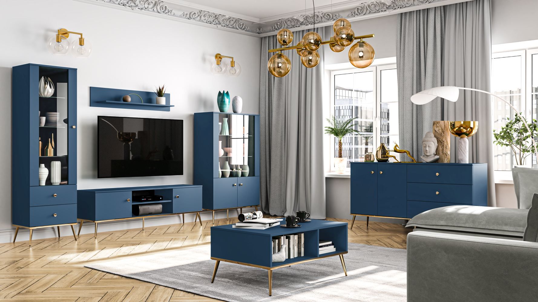 Living room complete - Set B Kumpula, 6 pieces, Colour: dark blue / gold
