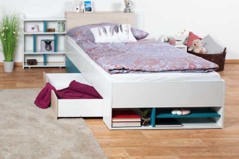 Children's bed / kid bed Aalst 28, Colour: oak / White / Blue - Lying surface: 90 x 200 cm