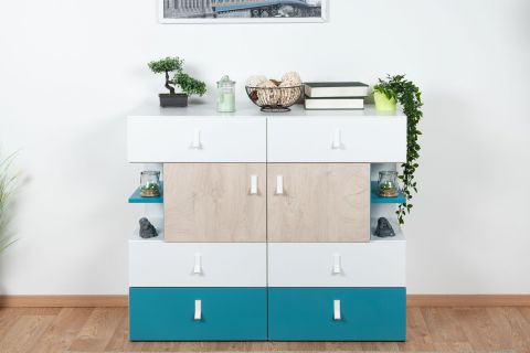 Children's room - chest of drawers Aalst 22, Colour: Oak / White / Blue - Measurements: 90 x 110 x 40 cm (H x W x D)