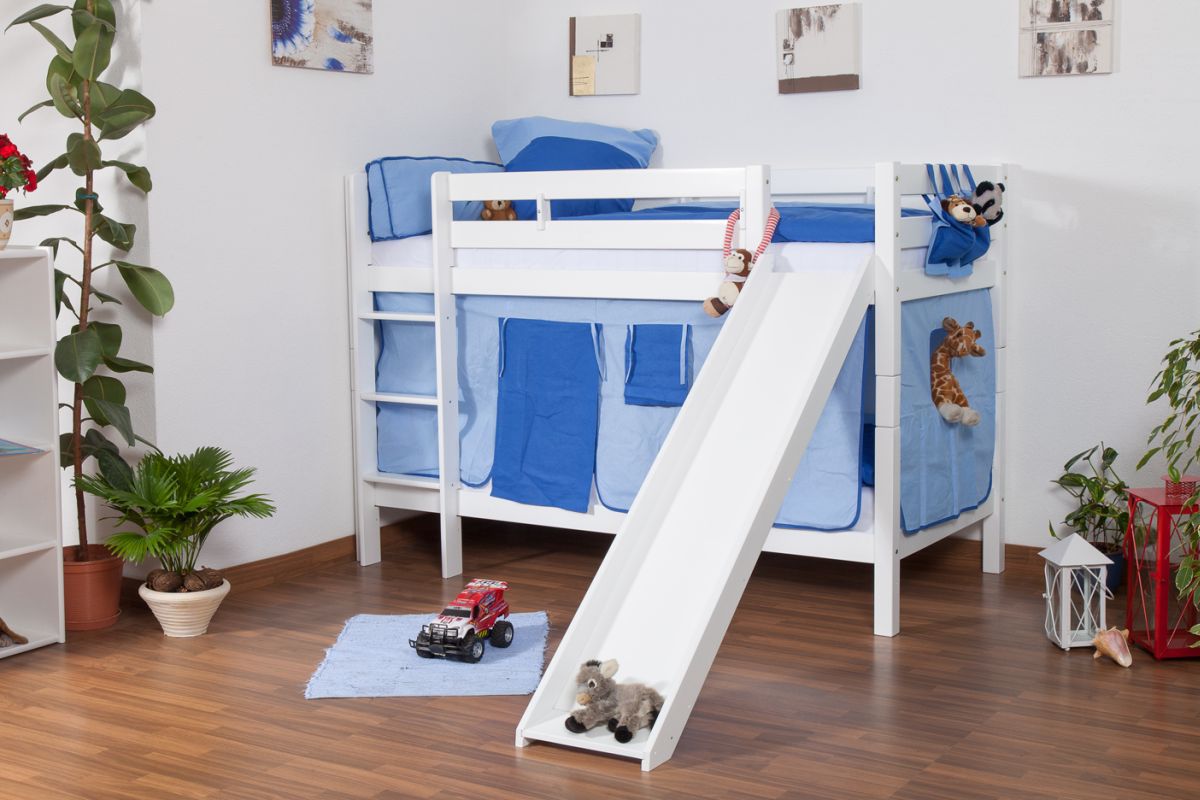 Children's bunk bed Jonas solid beech wood white lacquered with slide ...