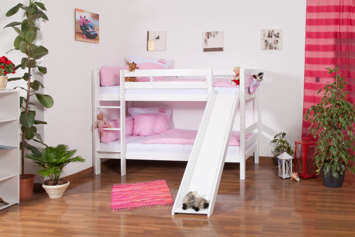 Children's Bunk Bed Moritz | Solid Beech Wood | White Lacquer | Slide ...