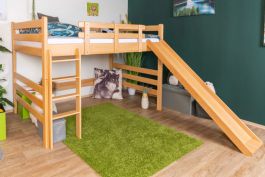 Large loft bed with slide 140 x 200 cm, solid beech wood natural ...