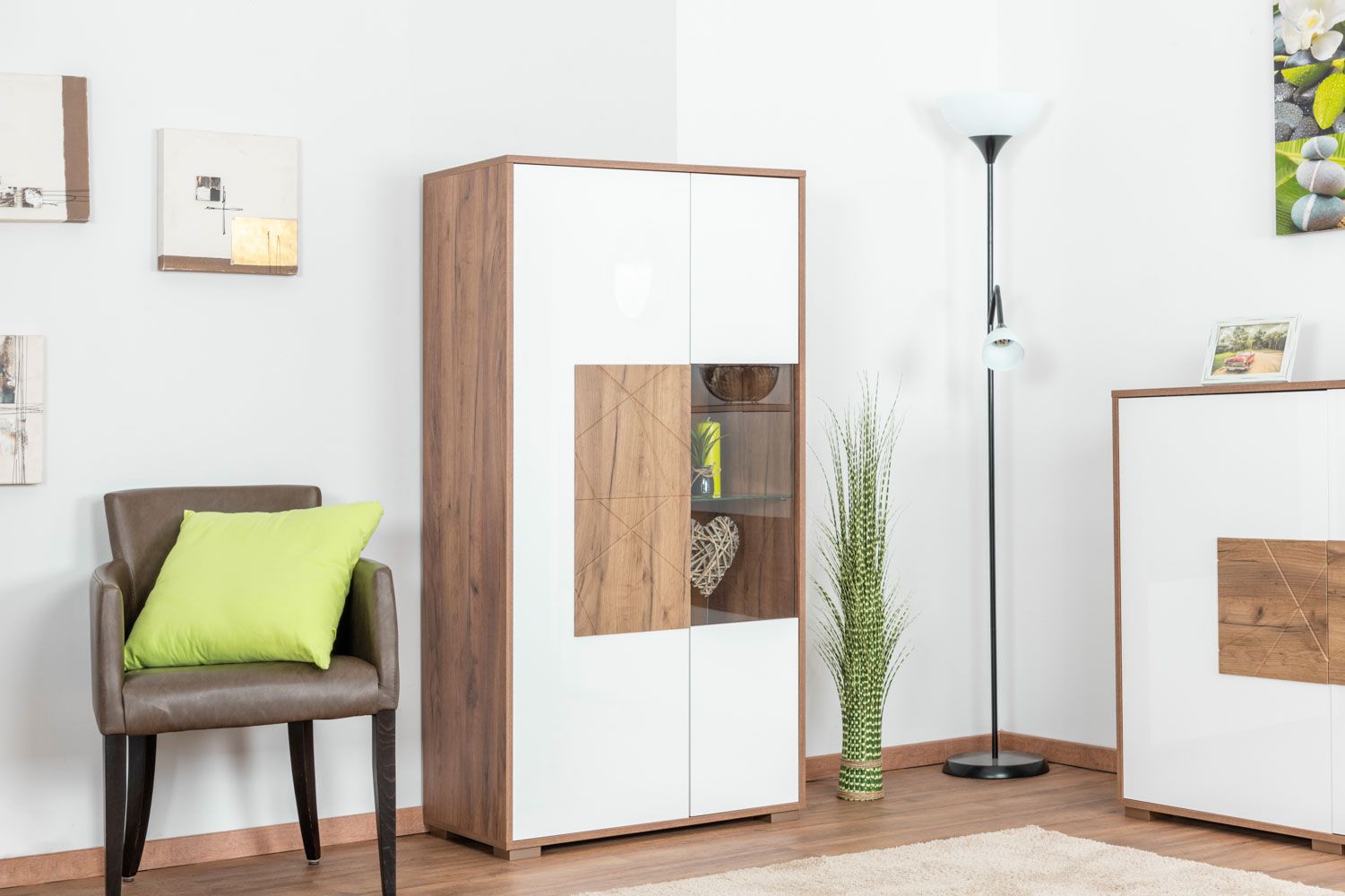 Manase 05 Display Cabinet | Oak Brown & White High Gloss | 150 x 77 x ...