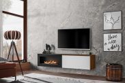 Elegant TV base cabinet Bjordal 17, Colour: White matt / Oak sterling - Measurements: 40 x 180 x 40 cm (H x W x D), with bio-ethanol fireplace.