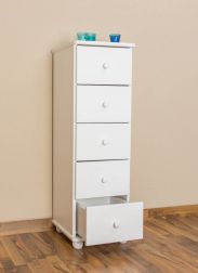 Narrow 5 Drawer Chest Junco 142, solid pine wood, white varnished - H123 x W40 x D42 cm