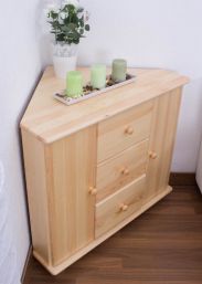 Corner Sideboard, 3 drawer, 2 door, solid pine wood, clearly varnished - H78 x W90 x D80 cm 