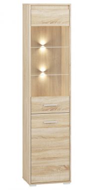 Display case Mochis 05, Colour: Sonoma Oak light including 3 colour inserts - measurements: 200 x 48 x 34 cm (h x w x d), with 2 doors and 5 compartments
