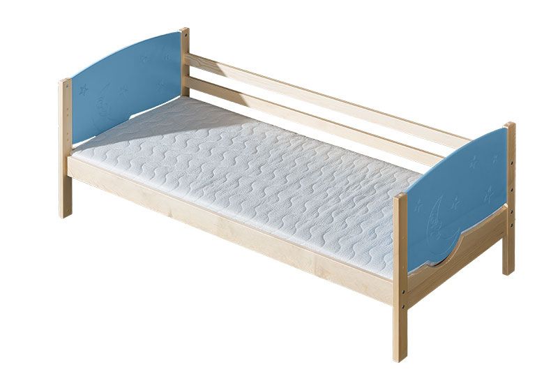 Children's bed Milo 30, Colour: Nature / Blue moon and stars, partial solid wood - Lying surface: 80 x 190 cm (W x L)