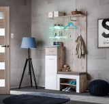 Modern wardrobe with seat cushion Sviland 02, color: oak Wellington / white - dimensions: 200 x 100 x 35 cm (H x W x D), with LED lighting