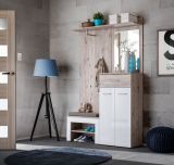 Wardrobe with seat cushion Sviland 04, color: oak Wellington / white - dimensions: 200 x 120 x 35 cm (H x W x D), with a mirror