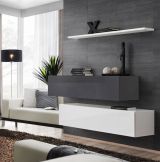 Two elegant TV cabinets with wall shelf Balestrand 345, color: white / grey - Dimensions: 110 x 130 x 30 cm (H x W x D), with push-to-open function