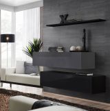 Set of 2 elegant TV cabinets with wall shelf Balestrand 346, color: black / grey - Dimensions: 110 x 130 x 30 cm (H x W x D), with four compartments