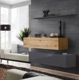 Set of 2 stylish TV base units Balestrand 352, color: grey / oak Wotan - dimensions: 110 x 130 x 30 cm (H x W x D), with wall shelf