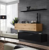 Set of 2 TV base units with push-to-open function Balestrand 350, color: black / oak Wotan - dimensions: 110 x 130 x 30 cm (H x W x D), with wall shelf