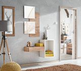 Wall panel with mirror and drawer Pollestad 01, color: oak Wotan / white - dimensions: 170 x 100 x 30 cm (H x W x D), with stylish design