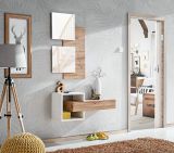 Modern wall panel with mirror Pollestad 02, color: oak Wotan / white - Dimensions: 160 x 100 x 30 cm (H x W x D), with one drawer