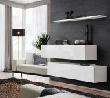 Two TV cabinets with wall shelf Balestrand 337, color: white - Dimensions: 110 x 130 x 30 cm (H x W x D), with push-to-open function