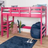 Loft bed 90 x 190 cm, "Easy Premium Line" K22/n, solid beech wood pink lacquered, convertible