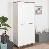 Children's room - Hinged door wardrobe / Wardrobe Hermann 02, Colour: White Bleached / Nut colours, partial solid wood - 181 x 80 x 51 cm (H x W x D)