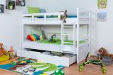 Bunk bed "Easy Premium Line" K3/n incl. 2 drawers and 2 cover panels, 90 x 200 cm (w x l) White lacquered solid beech wood, divisible