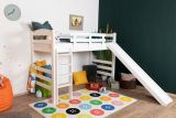 White loft bed with slide 90 x 190 cm, solid beech wood white lacquered, convertible into a single bed, "Easy Premium Line" K30/n