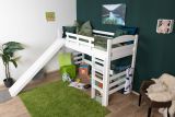 White loft bed with slide 90 x 200 cm, solid beech wood white lacquered, convertible, "Easy Premium Line" K30/n